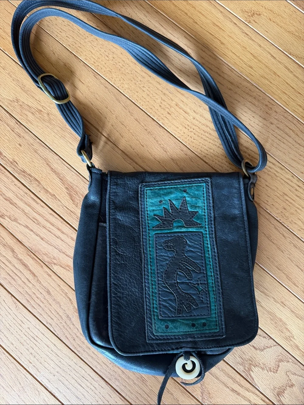 Men's Black Leather Crossbody Bag with Teal Panel